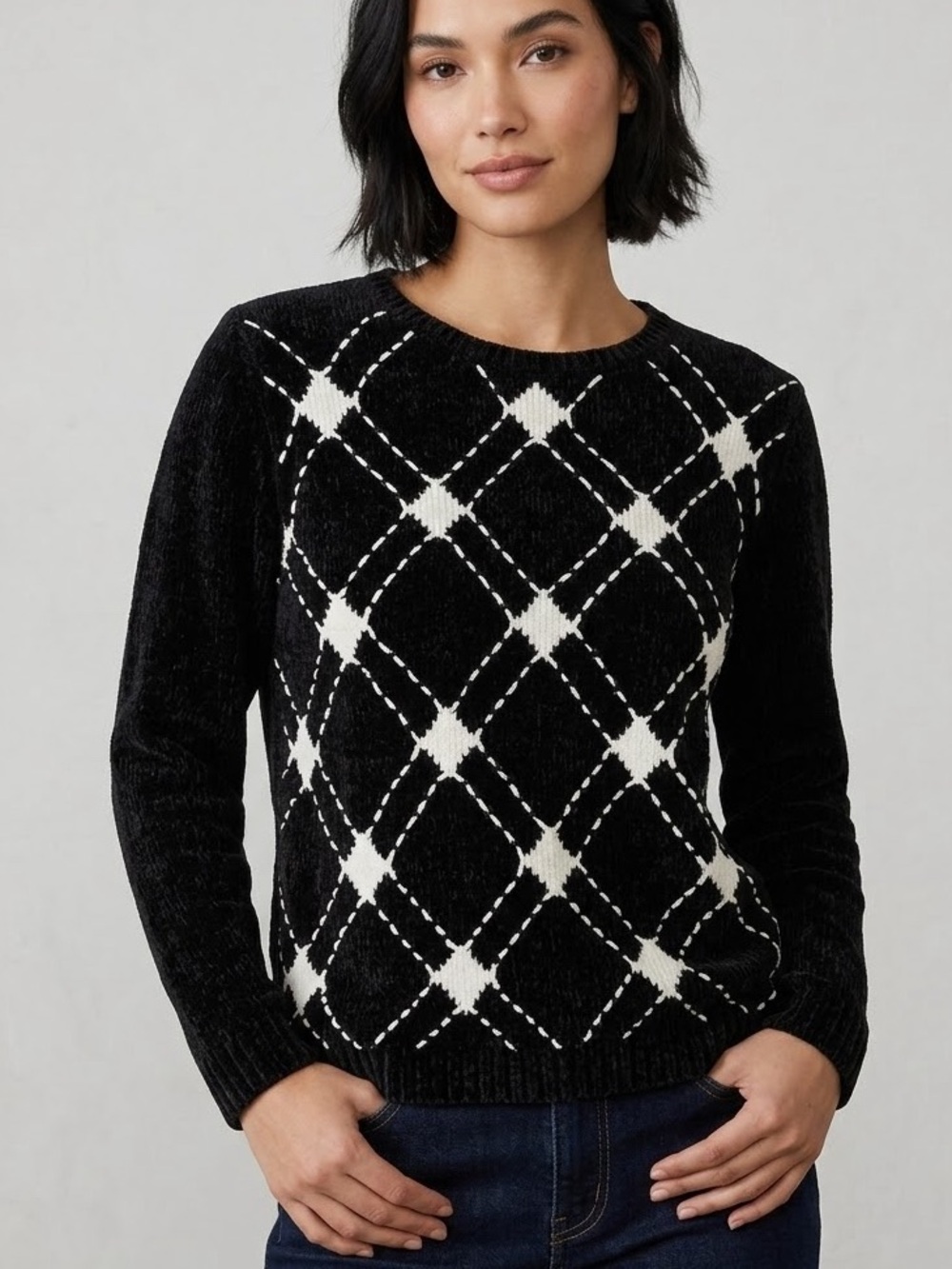 VTg ALFRED DUNNER Black White Argyle Chenille Knit Pullover Sweater Womens Small